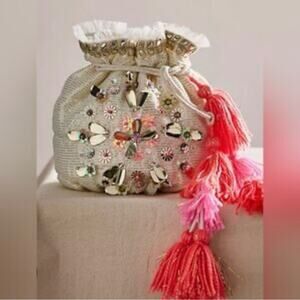 Free People Embellished Cream and Pink Drawstring Small Gift Bag